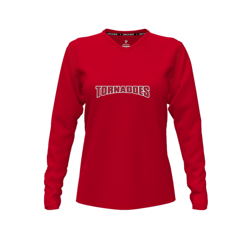 [CUS-DFW-TEES-CMF-VNK-LSL-RED-FYXS-LOGO2] Decker Comfort T-Shirt (Female Youth XS, Red, V Neck, Logo 2, Long Sleeve)