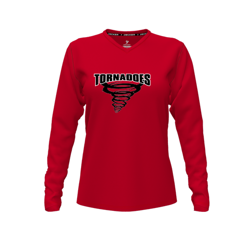 [CUS-DFW-TEES-PER-VNK-LSL-RED-FYXS-LOGO3] Performance T-Shirt (Female Youth XS, Red, V Neck, Logo 3, Long Sleeve)